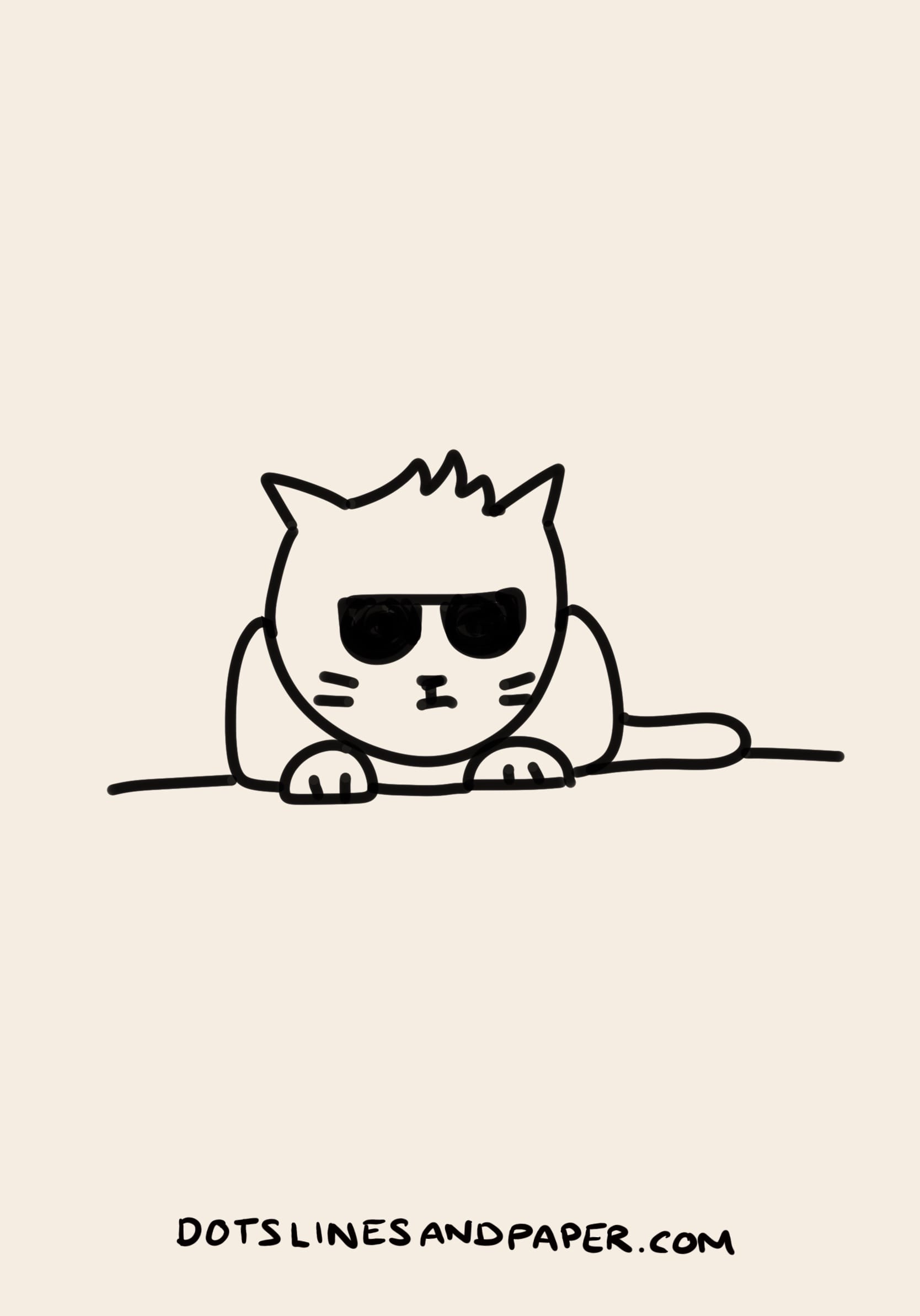 A drawing of a cat wearing sunglasses and lying down